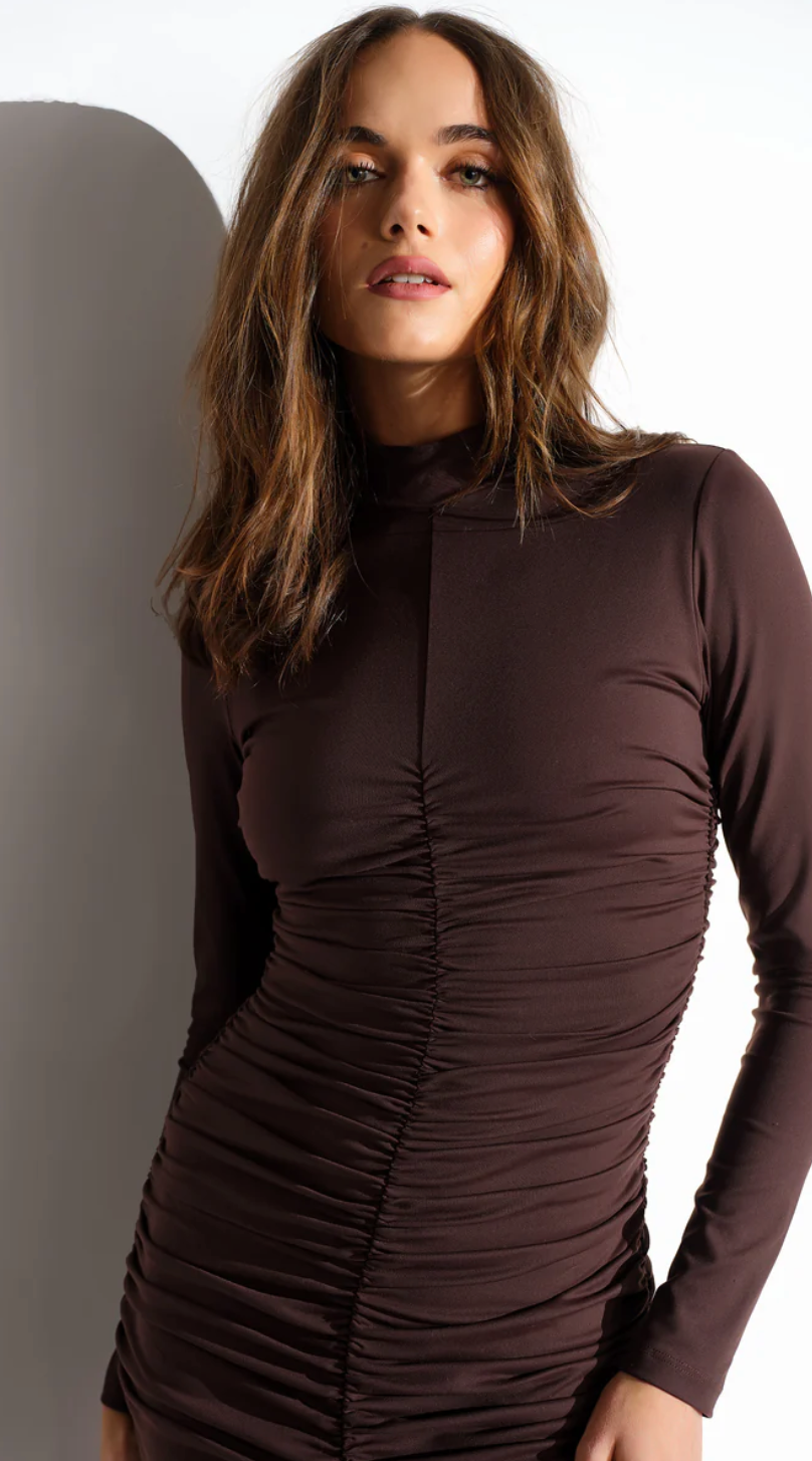 Mock Neck Gathered Long Sleeve Dress