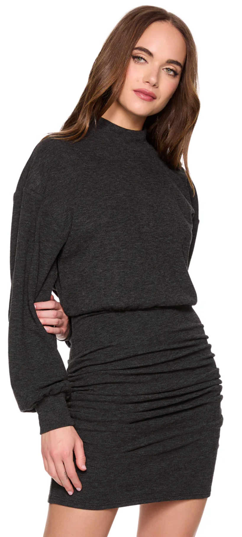 Fleece Mock Neck Gathered Dress