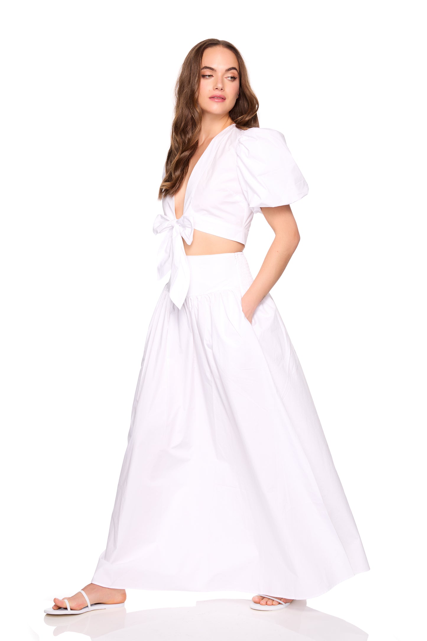 poplin bubble sleeve tie front top (at waist)