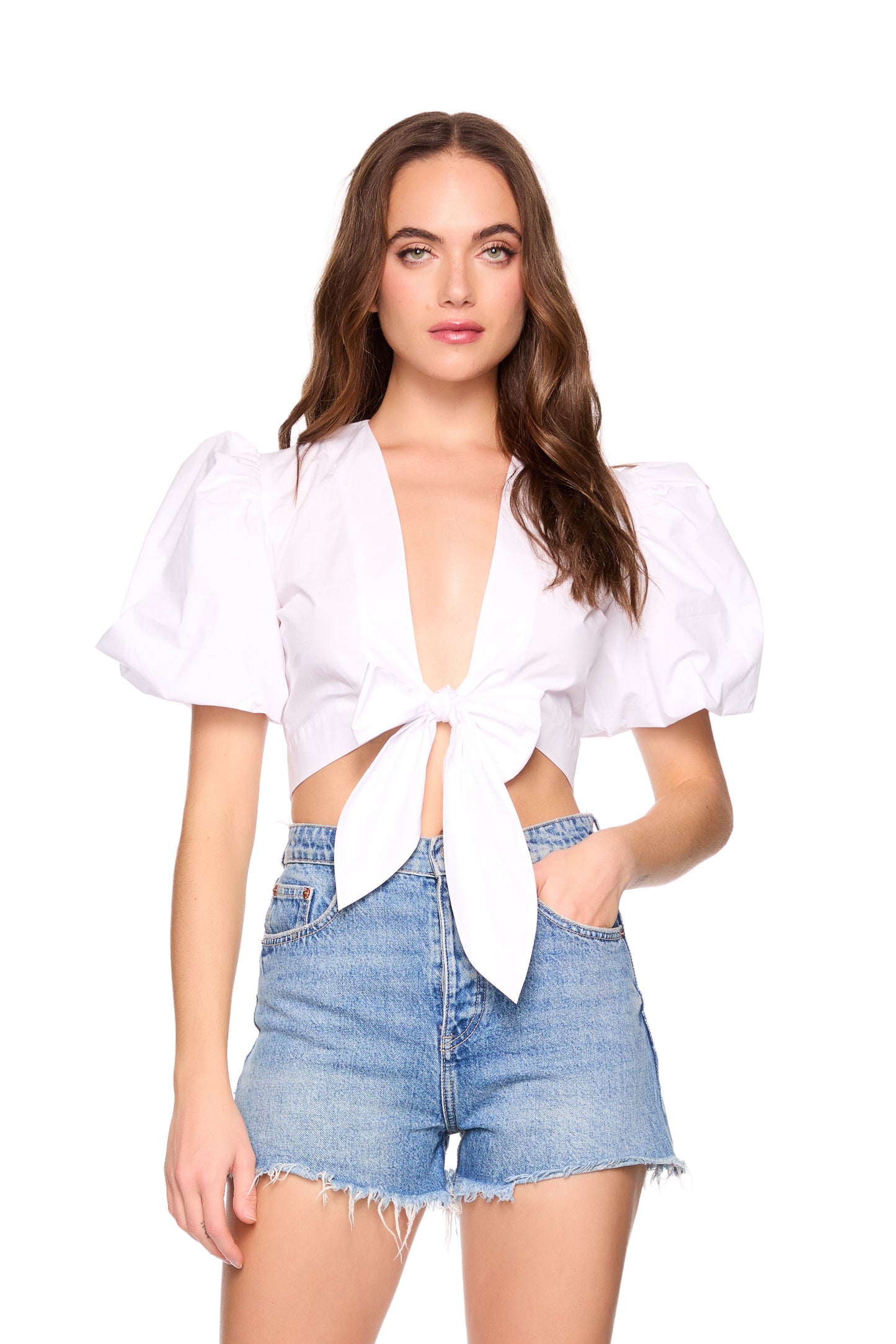 poplin bubble sleeve tie front top (at waist)