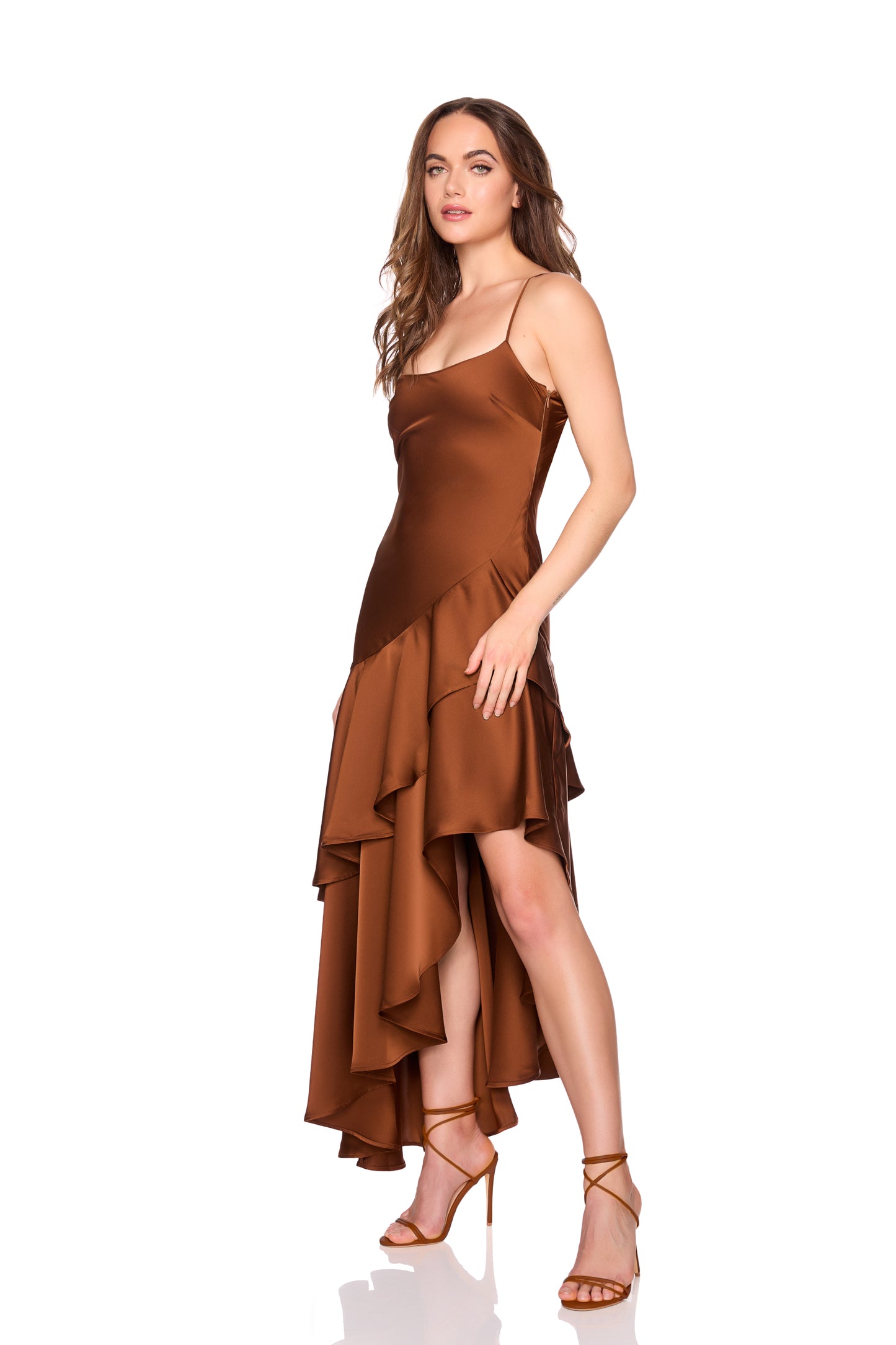 satin double ruffle high low dress 18-42"
