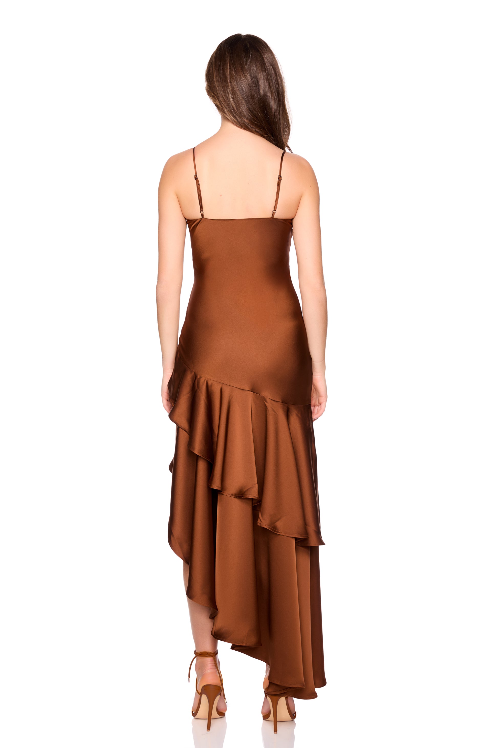 satin double ruffle high low dress 18-42"