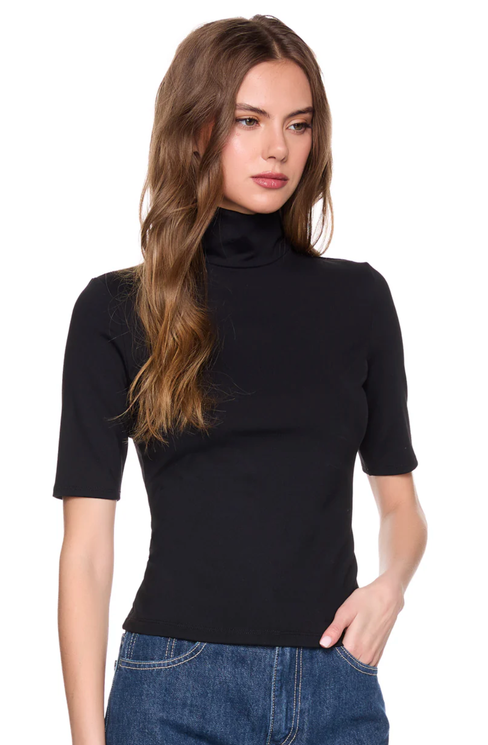 Mock Neck Elbow Sleeve Top