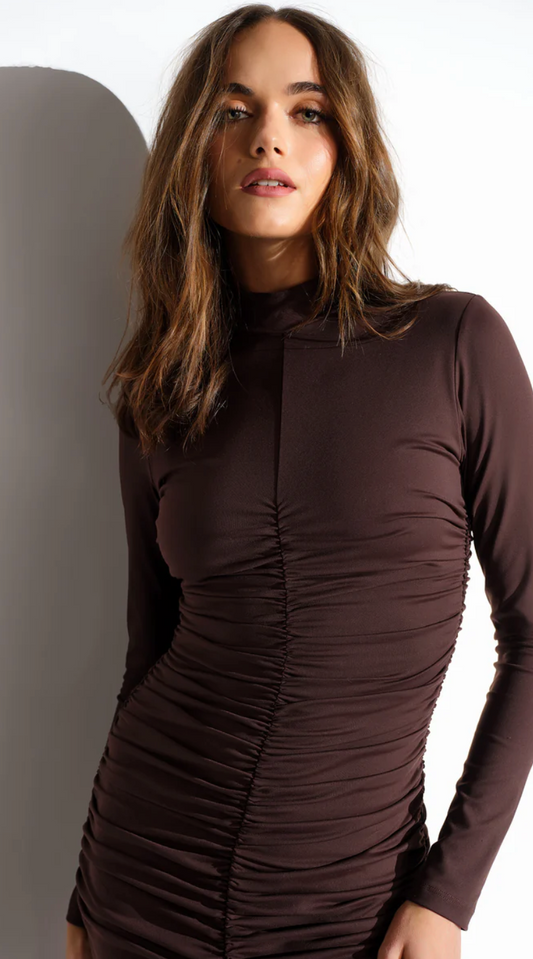 Mock Neck Gathered Long Sleeve Dress
